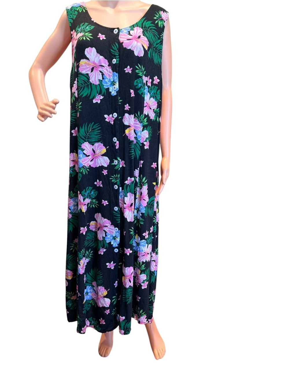 Vintage Koret Black Summer Maxi Dress Pink Green Floral Tropical Print Size 1X